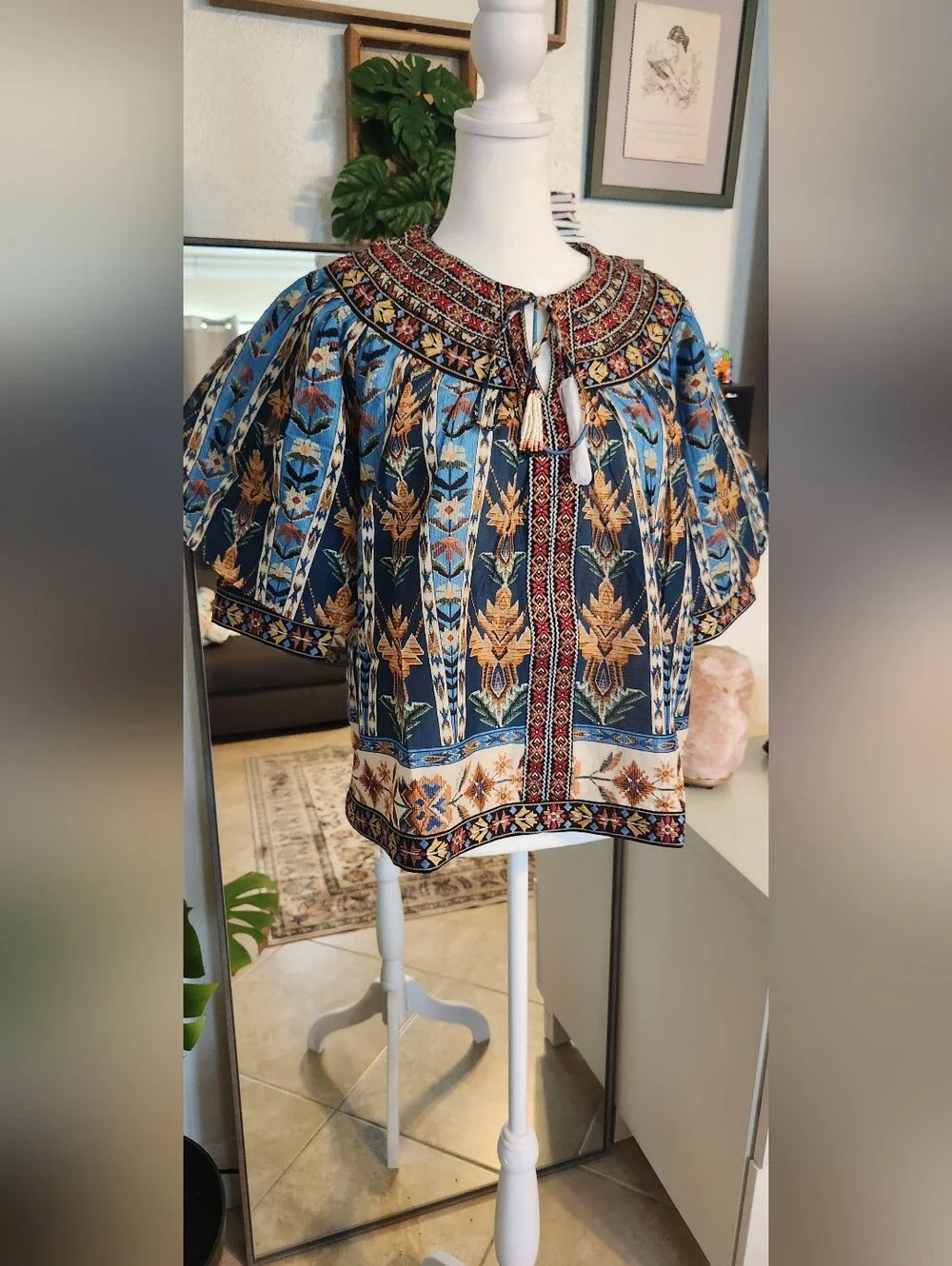Farm Rio Blue Embroidered Tapestry Puff Sleeve Blouse